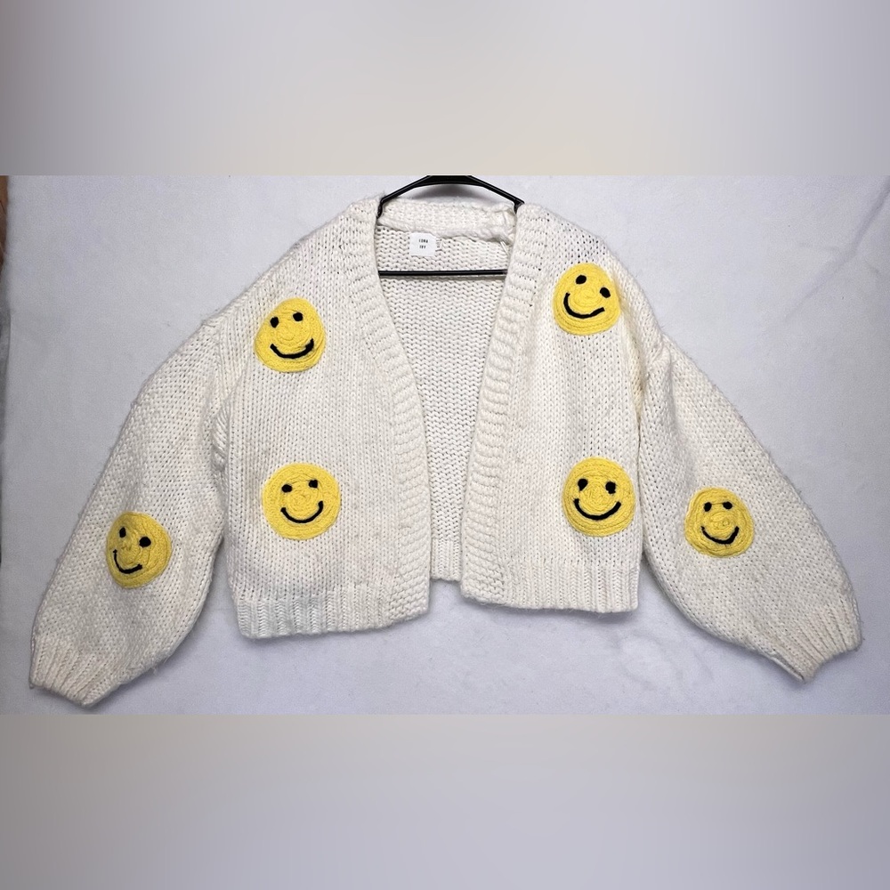 Luna Ivy Puff Smiley Face Open Front Over Sized Cardigan Chunky Wh/YellowSize XS